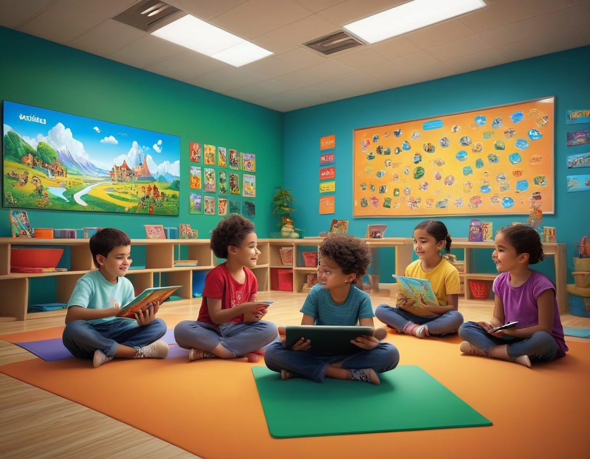 A vibrant classroom setting filled with diverse children engaging with interactive tablets while reading Raz Kids stories. Illustrate a colorful and dynamic environment with educational posters on the walls, showcasing characters from the stories. Include glowing digital elements emanating from the tablets, symbolizing excitement and engagement in learning. super-realistic. vibrant colors. 3D.