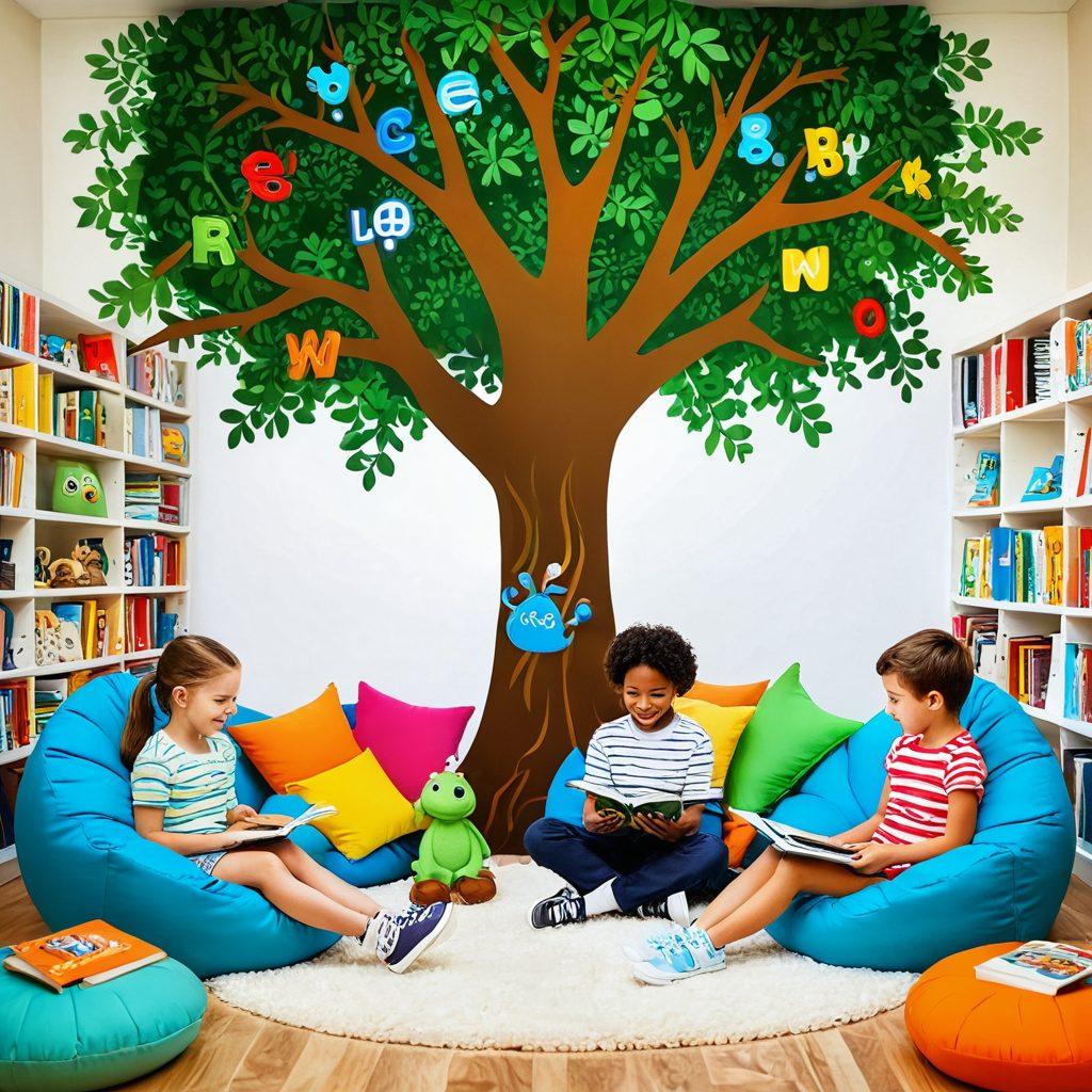 A lively and colorful scene depicting children joyfully engaged with Raz Kids' interactive reading tools, surrounded by books, tablets, and animated characters coming to life from the pages. The children, of diverse ethnic backgrounds, are sitting in a cozy reading nook filled with bright cushions and playful decor. A whimsical tree with letters and words sprouting from its branches provides a magical backdrop. The overall atmosphere conveys excitement and creativity in learning. vibrant colors. 3D. playful cartoon style.