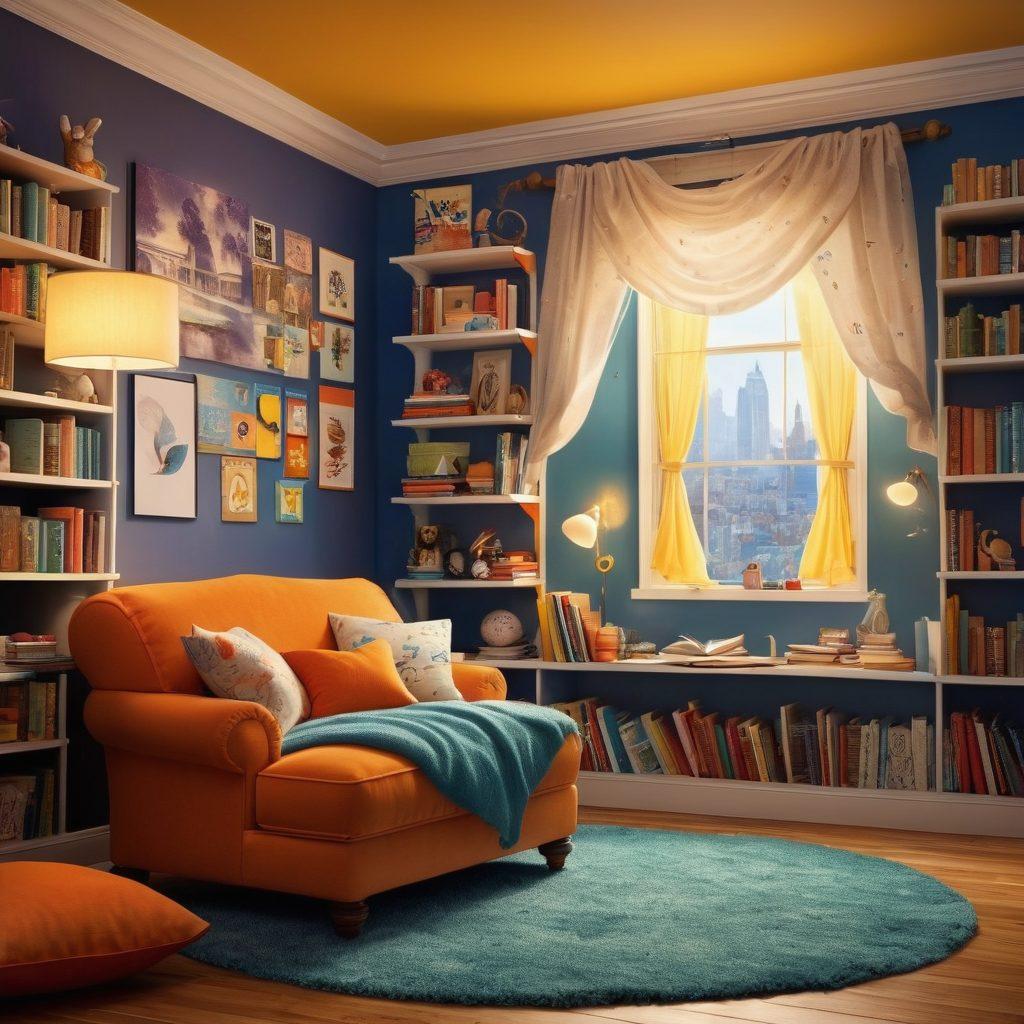 A whimsical children's reading nook filled with animated books depicting lively characters and colorful stories. Include a cozy armchair, scattered pillows, and a warm glow from a nearby lamp, creating an inviting atmosphere. Illustrate kids immersed in reading, surrounded by floating letters and story elements coming to life. Evoke a sense of wonder and excitement about literacy. vibrant colors. super-realistic.
